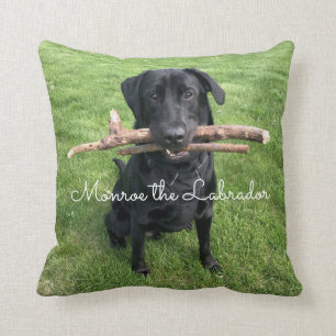 Zwart lab met twee sticks Dog Foto en naam Kussen