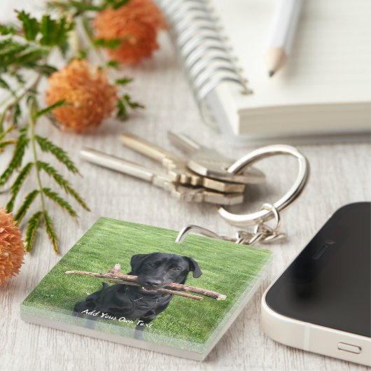Zwart lab met twee sticks Dog Foto en naam Sleutelhanger (Voorkant Rechts)