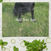 Zwart lab met twee sticks Dog Foto en naam Theedoek (Gevouwen)