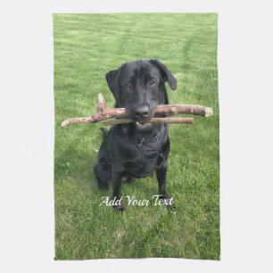 Zwart lab met twee sticks Dog Foto en naam Theedoek