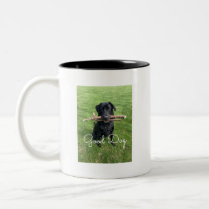 Zwart lab met twee sticks Dog Foto en naam Tweekleurige Koffiemok