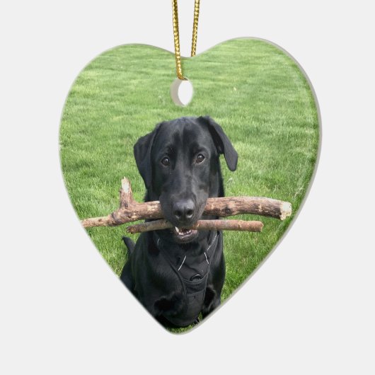 Zwart lab met twee stokken Dog Foto Keramisch Ornament (Links)