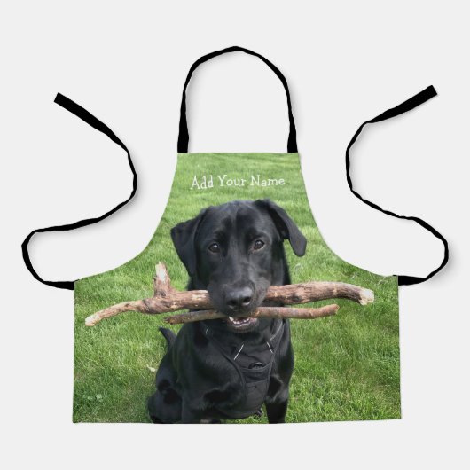 Zwart Lab met twee stokken Dog Photo Schort (Voorkant)
