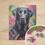 Zwart Lab Portret Moderne Kunst Legpuzzel<br><div class="desc">Een opvallend hedendaags kunstportret van een zwart lab tegen een abstracte roze en groene bloementuin achtergrond. Het duistere silhouet van de hond contrasteert prachtig met de levendige, wervelende kleuren van de tuin, waarbij natuur en dier worden gecombineerd in een expressieve, eigentijdse stijl. De abstracte penseelstreken creëer geven een gevoel van...</div>