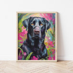 Zwart Lab Portret Moderne Kunst Poster<br><div class="desc">Een opvallend hedendaags kunstportret van een zwart lab tegen een abstracte roze en groene bloementuin achtergrond. Het duistere silhouet van de hond contrasteert prachtig met de levendige, wervelende kleuren van de tuin, waarbij natuur en dier worden gecombineerd in een expressieve, eigentijdse stijl. De abstracte penseelstreken creëer geven een gevoel van...</div>
