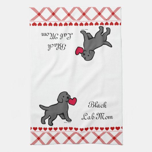 Zwart Lab Puppy and Red Heart Theedoek (Verticaal)