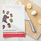 Zwart Lab Puppy and Red Heart Theedoek (Quarter Fold)