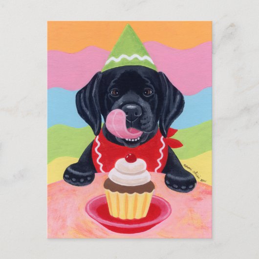 Zwart lab Puppy Birthday Cupcake Painting Briefkaart (Voorkant)