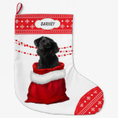 Zwart lab Puppy Dog Snowflake Border Grote Kerstsok (Voorkant)