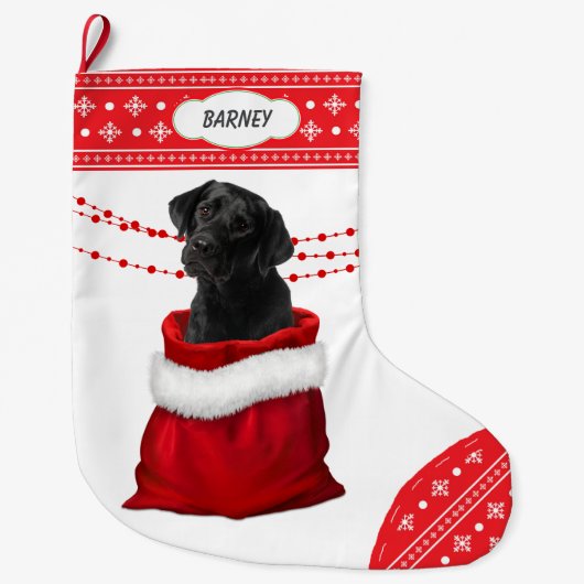 Zwart lab Puppy Dog Snowflake Border Grote Kerstsok (Voorkant)