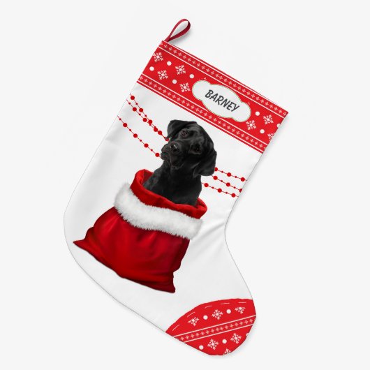 Zwart lab Puppy Dog Snowflake Border Grote Kerstsok (Voorkant (Hangend))