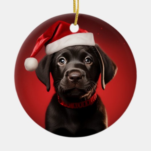 Zwart Lab Puppy in Santa Hat Keramisch Ornament (Voorkant)