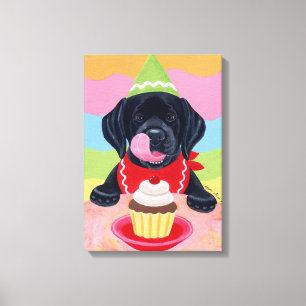 Zwart Lab Puppy Verjaardag Cupcake Schilderij canv Canvas Afdruk