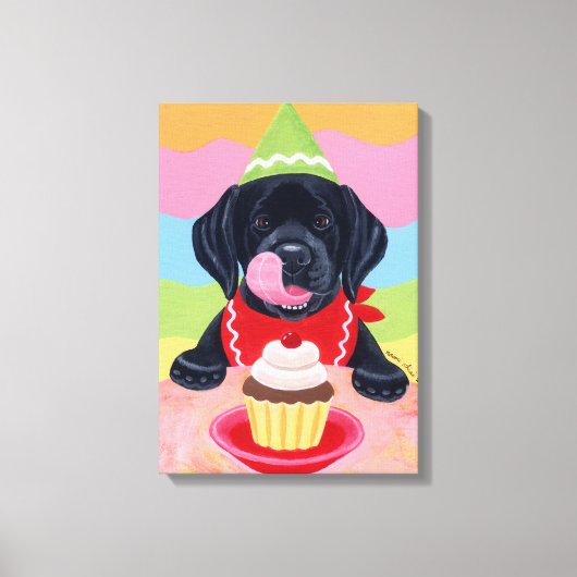 Zwart Lab Puppy Verjaardag Cupcake Schilderij canv Canvas Afdruk (Voorkant)