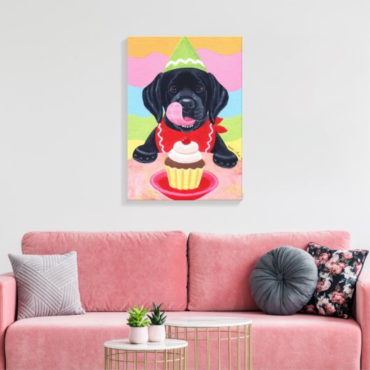 Zwart Lab Puppy Verjaardag Cupcake Schilderij canv Canvas Afdruk (Insitu (Woonkamer))