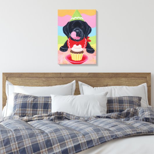 Zwart Lab Puppy Verjaardag Cupcake Schilderij canv Canvas Afdruk (Insitu (Slaapkamer))