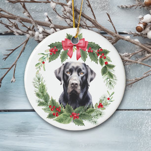 Zwart Lab Retriever Rode Bow Holly Krans Keramisch Keramisch Ornament