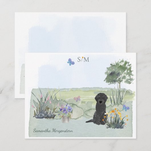 Zwart labradoodle Dog Butterfly Monogram & naam Notitiekaartje (Voorkant / Achterkant)