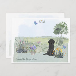 Zwart labradoodle Dog Butterfly Monogram & naam  Notitiekaartje