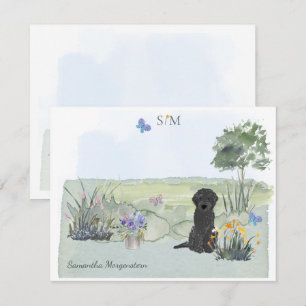 Zwart labradoodle Dog Butterfly Monogram & naam  Notitiekaartje