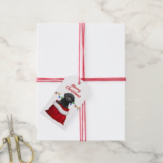 Zwart Labradoodle Dog in Santa Bag Cadeau Labels Cadeaulabel (Met Touw)