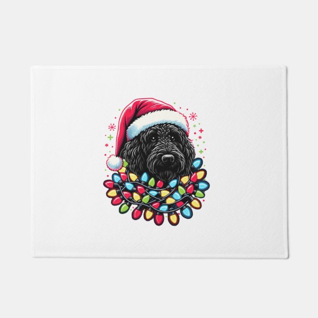 Zwart Labradoodle Kerstboom Kerstverlichting Doodl Deurmat (Voorkant)