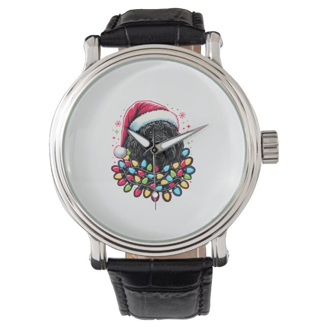 Zwart Labradoodle Kerstboom Kerstverlichting Doodl Horloge (Voorkant)