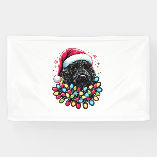 Zwart Labradoodle Kerstboom Kerstverlichting Doodl Spandoek (Horizontaal)