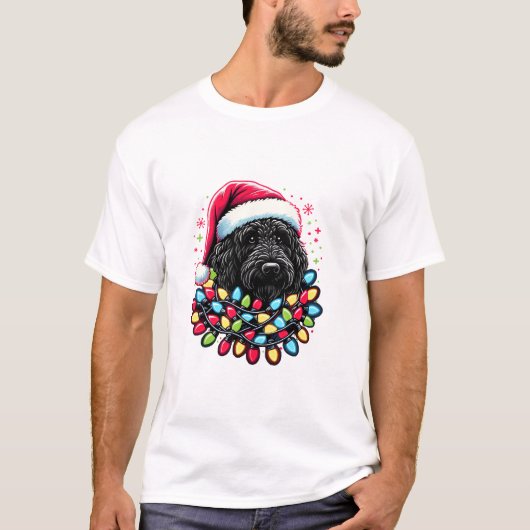 Zwart Labradoodle Kerstboom Kerstverlichting Doodl T-shirt (Voorkant)