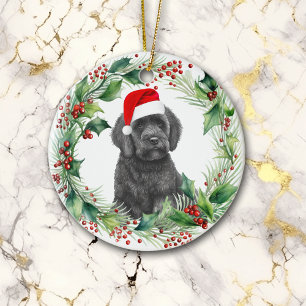 Zwart Labradoodle Puppy Holly Krans Kerstmis Keramisch Ornament