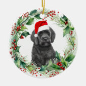 Zwart Labradoodle Puppy Holly Krans Kerstmis Keramisch Ornament (Voorkant)