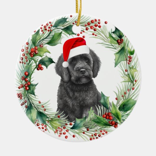 Zwart Labradoodle Puppy Holly Krans Kerstmis Keramisch Ornament (Voorkant)