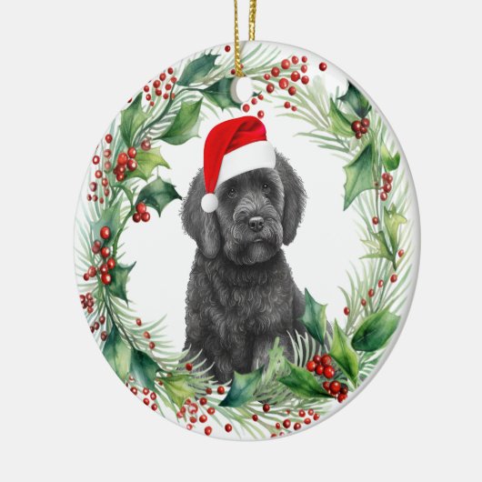 Zwart Labradoodle Puppy Holly Krans Kerstmis Keramisch Ornament (Links)