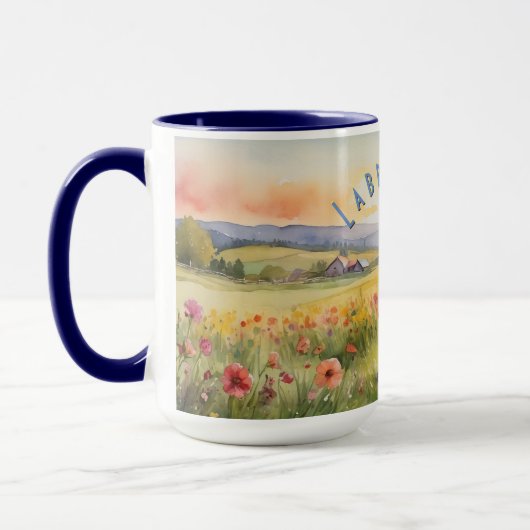 Zwart labradoodle puppy,  zonsopgang mok (Links)