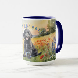 Zwart labradoodle puppy, zonsopgang mok