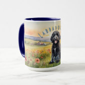 Zwart labradoodle puppy,  zonsopgang mok (Voorkant links)