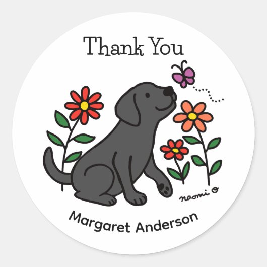 Zwart Labrador Flowers Cartoon Ronde Sticker (Voorkant)