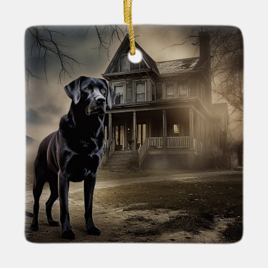 Zwart labrador halloween eng keramisch ornament (Voorkant)