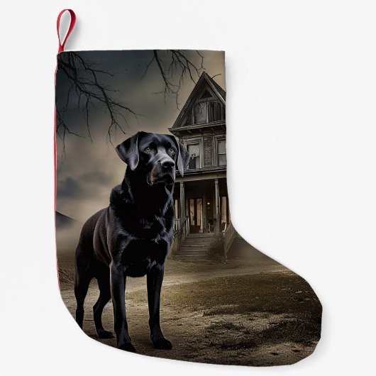 Zwart labrador halloween eng kleine kerstsok (Voorkant)