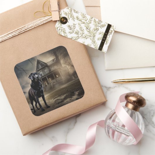 Zwart labrador halloween eng vierkante sticker (Geschenken)