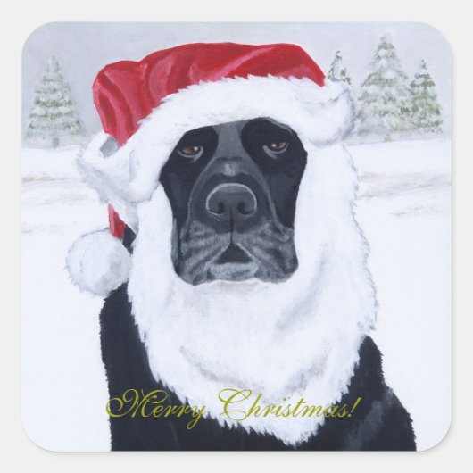 Zwart Labrador Kerstmis Santa Hat Schilderij Vierkante Sticker (Voorkant)