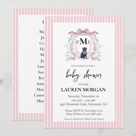 Zwart Labrador Monogram Roze Baby shower Kaart (Voorkant / Achterkant)