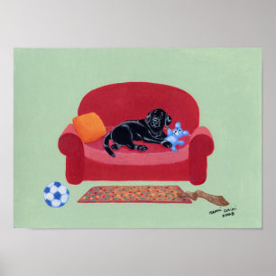 Zwart labrador op het roze couchwerk poster