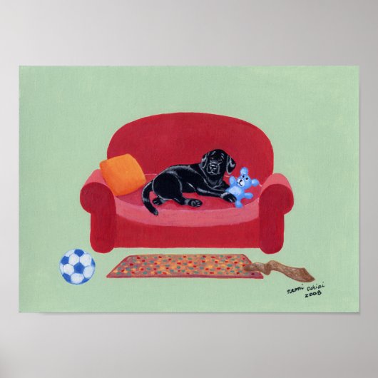 Zwart labrador op het roze couchwerk poster (Voorkant)
