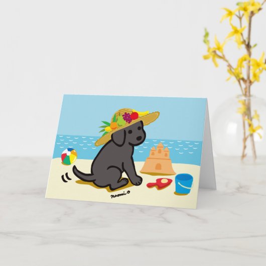 Zwart Labrador Puppy Straw Pet Cartoon Kaart (Gele Bloem)