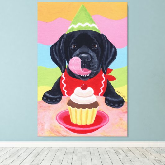 Zwart Labrador Puppy Verjaardag Cupcake Canvas Afdruk (Insitu (Houten vloer))