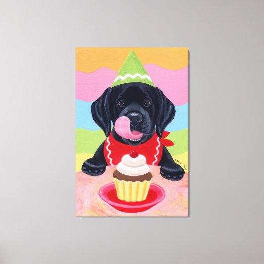Zwart Labrador Puppy Verjaardag Cupcake Canvas Afdruk (Voorkant)