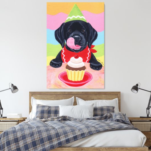 Zwart Labrador Puppy Verjaardag Cupcake Canvas Afdruk (Insitu (Slaapkamer))