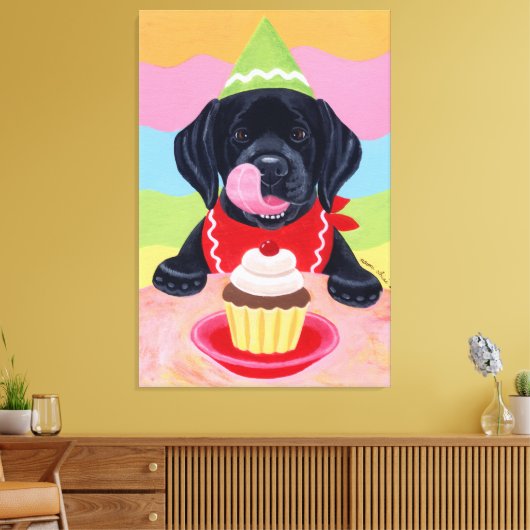 Zwart Labrador Puppy Verjaardag Cupcake Canvas Afdruk (Insitu (Woonkamer))
