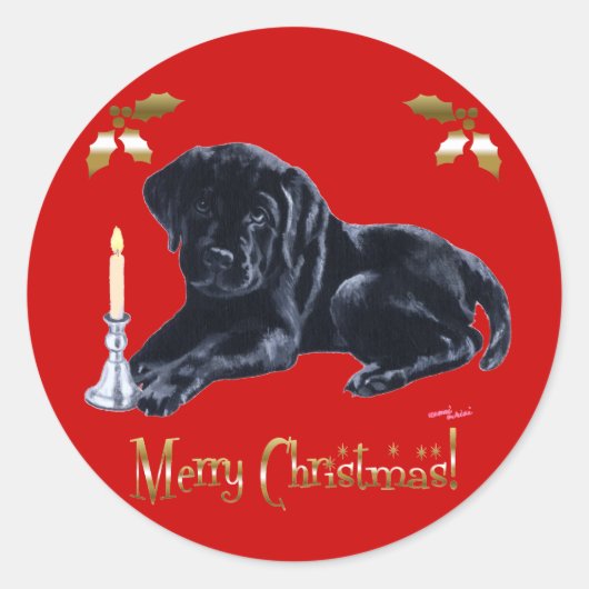 Zwart Labrador Retriever Christmas Gold Ronde Sticker (Voorkant)